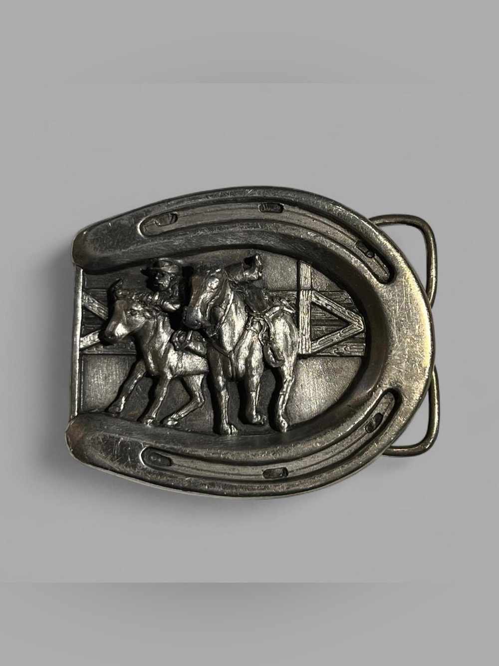 Vintage 1984 Bergamot Brass Works Horseshoe Western Cowboy Belt Buckle